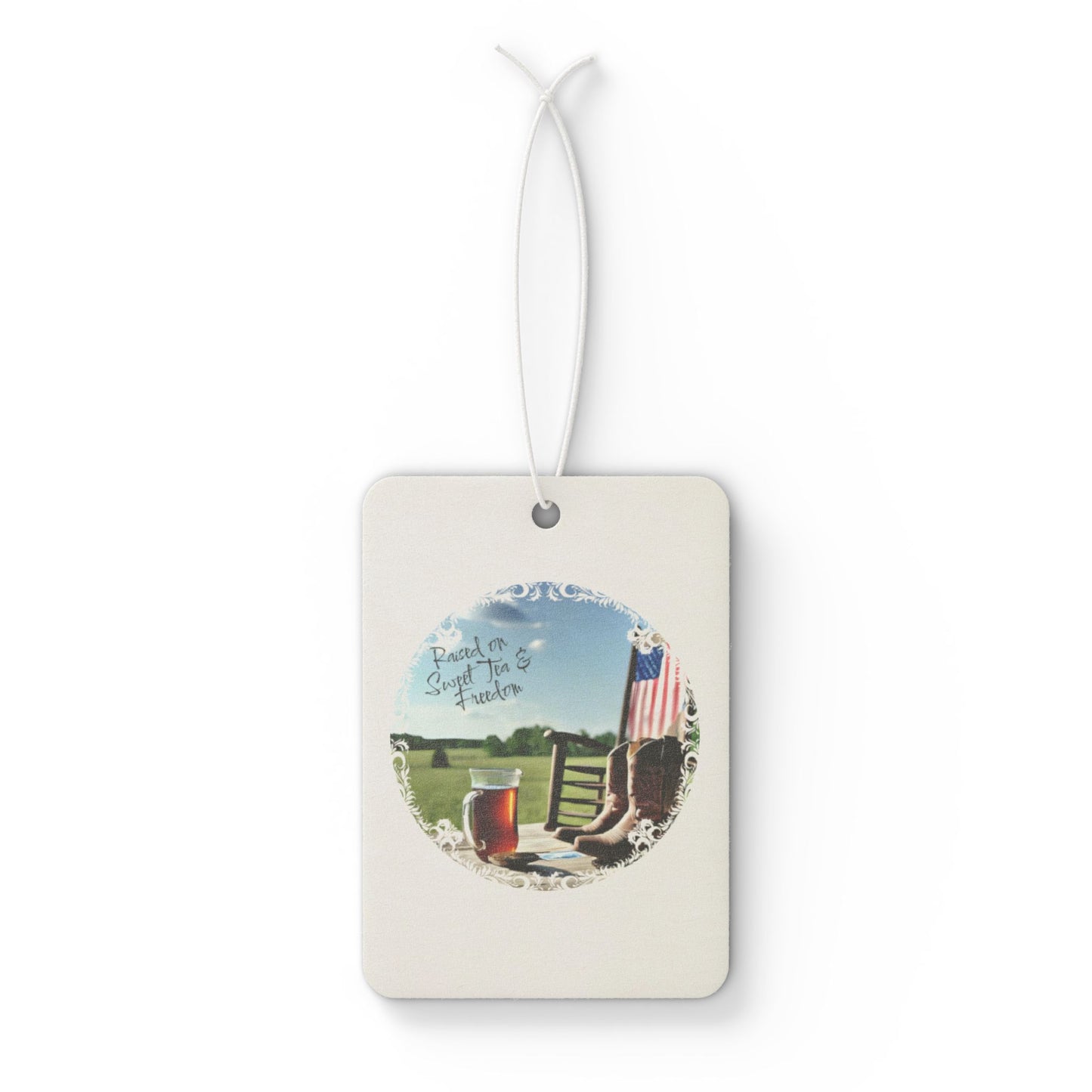 Freshen up with country charm! This “Raised on Sweet Tea and Freedom” air freshener brings sweet Southern vibes and a patriotic punch to your ride. Perfect for proud, sweet-tea-loving souls!